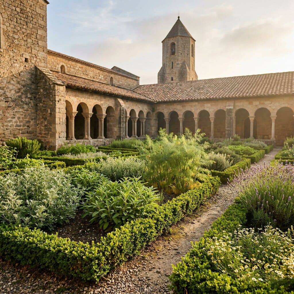 Klostergarten mit Kräuterbeeten im Kreuzgang – Heilkunde nach Hildegard von Bingen Klostergarten mit Kräuterbeeten im Kreuzgang – Heilkunde nach Hildegard von Bingen