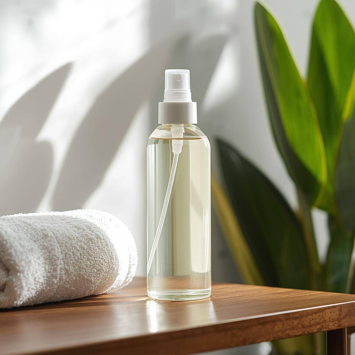 Saure Rinse als natürliche Haarspülung in der Sprühflasche neben einem Handtuch Saure Rinse als natürliche Haarspülung in der Sprühflasche neben einem Handtuch